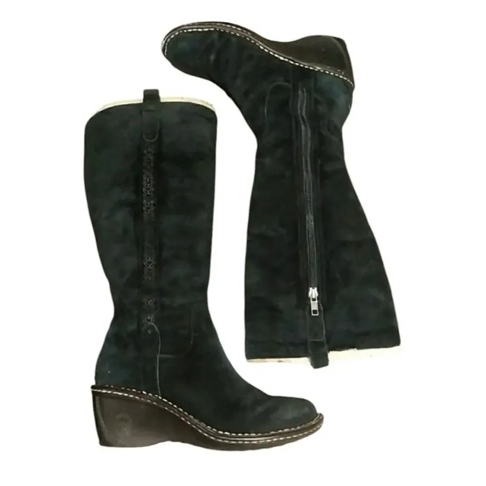 UGG Hartley Knee High Boots Black Suede & Sheep Skin Wedge S/N 3342 Size 7 M